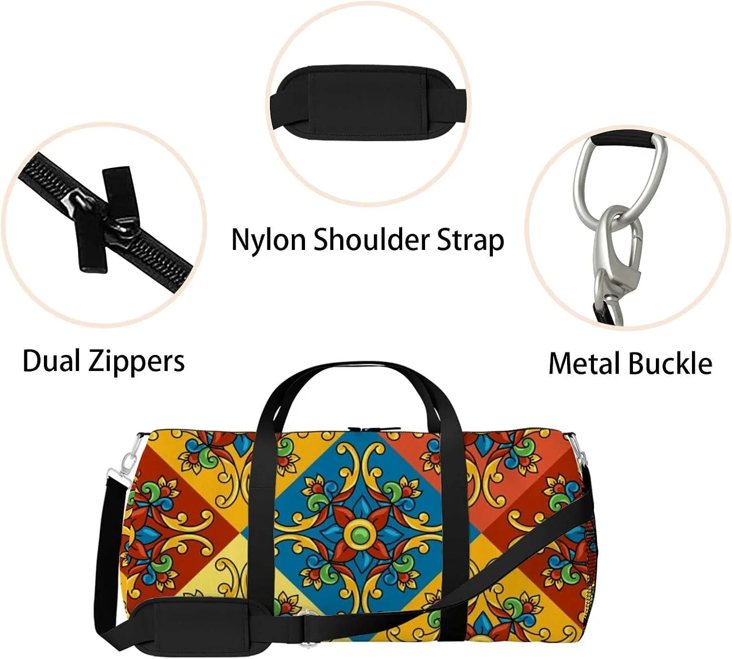 Sports Gym Bag for Women and Men Waterproof Mexican Talavera Ceramic Pattern Duffel Bag Lightweight Carryon Traveling Boarding Gripsack