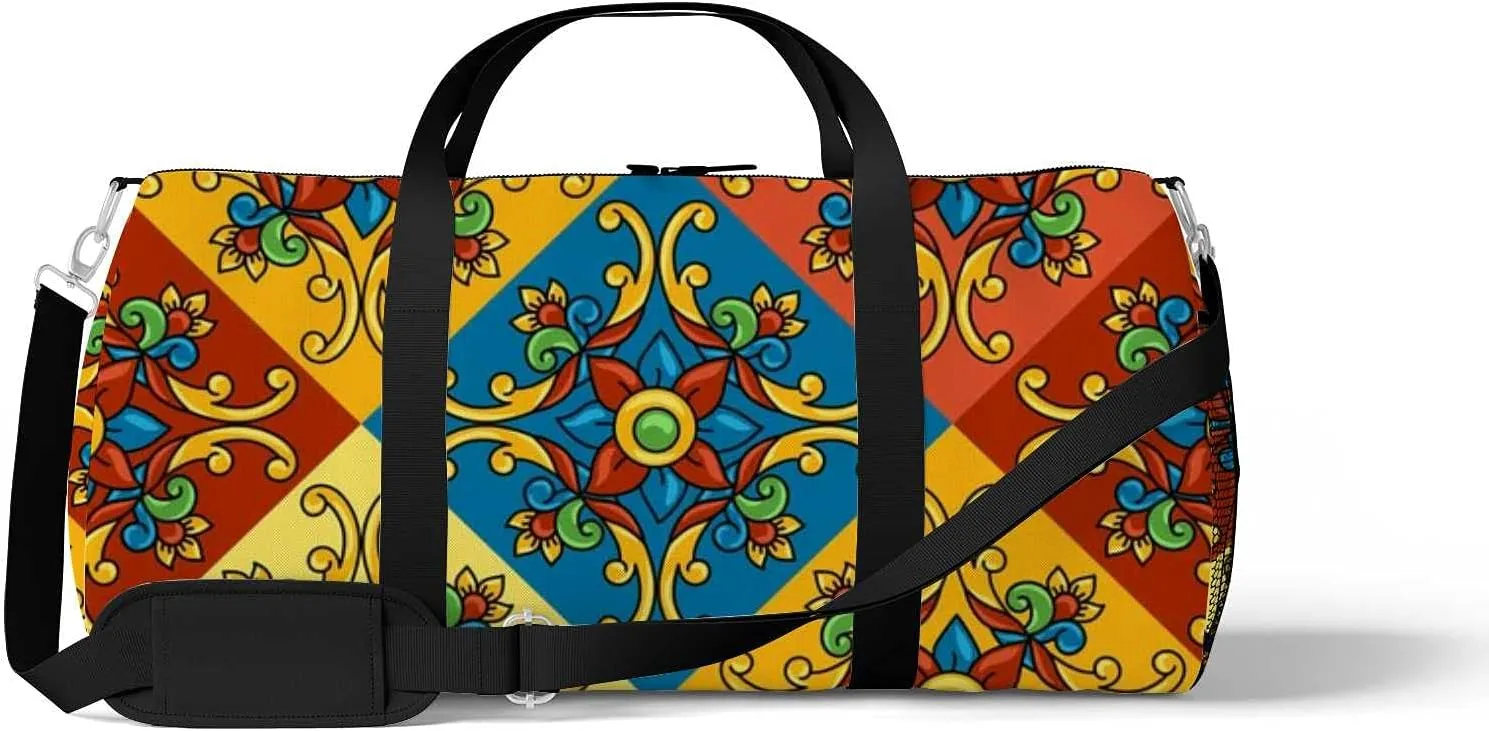 Sports Gym Bag for Women and Men Waterproof Mexican Talavera Ceramic Pattern Duffel Bag Lightweight Carryon Traveling Boarding Gripsack