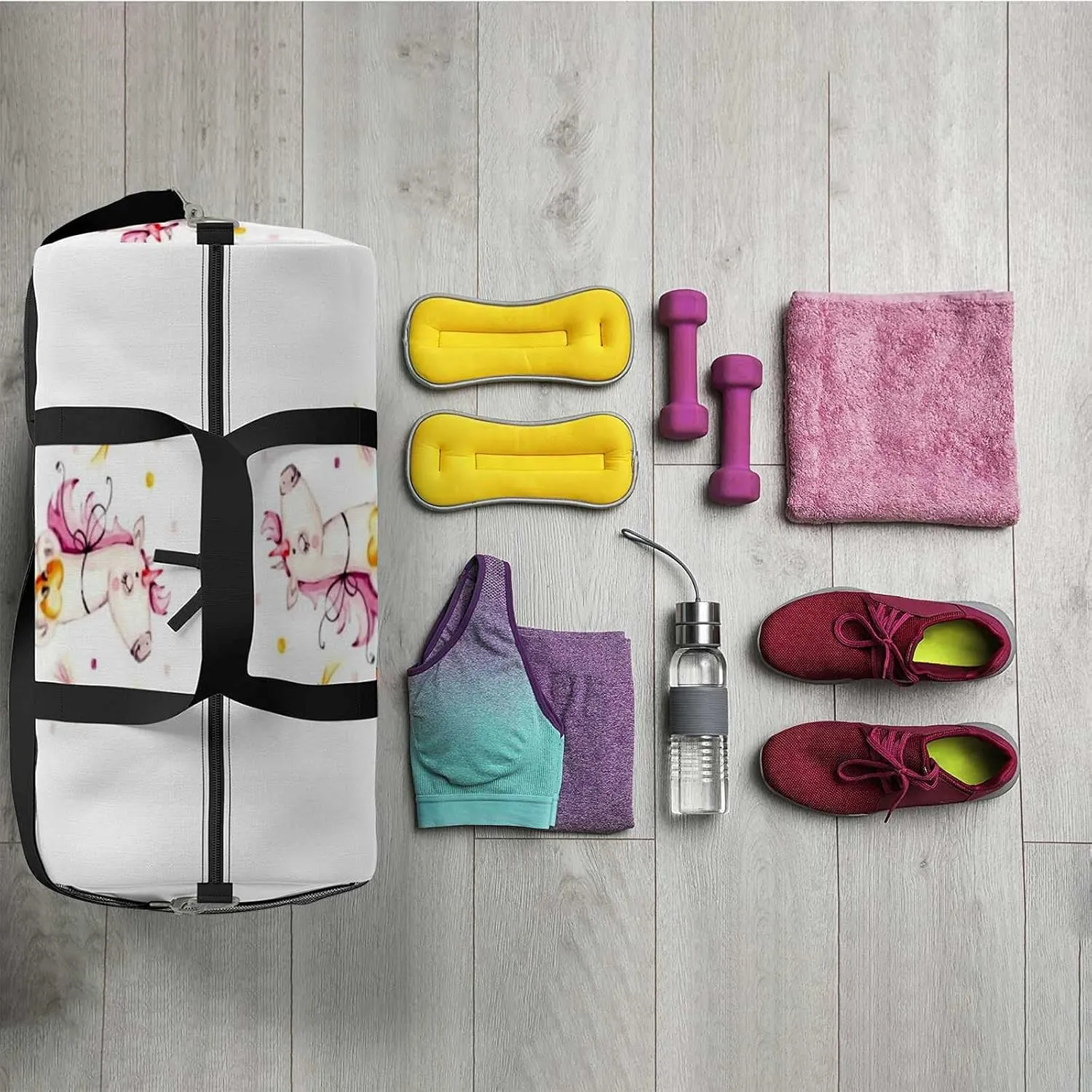 Sports Gym Bag for Women and Men Waterproof Rainbow Cute Watercolor Horse Duffel Bag Lightweight Carryon Traveling Boarding Gripsack