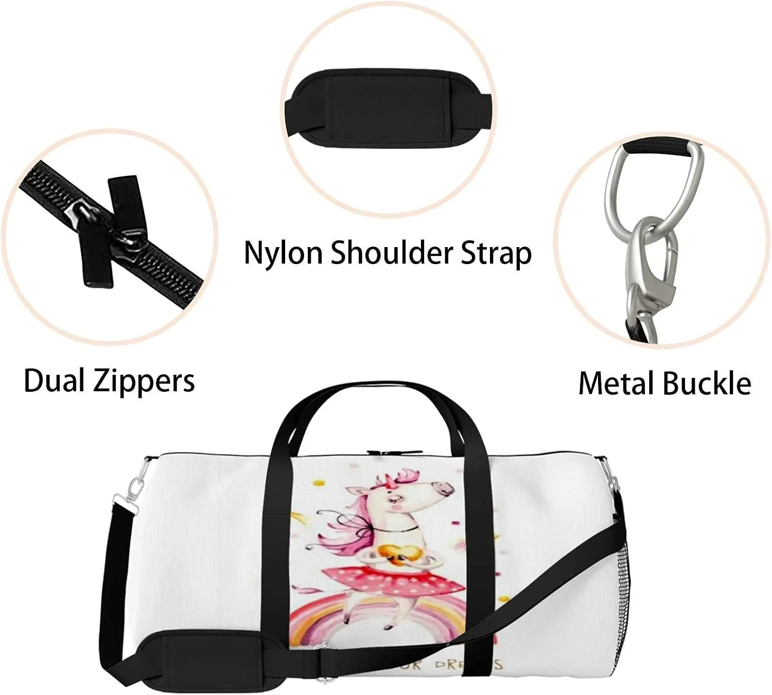 Sports Gym Bag for Women and Men Waterproof Rainbow Cute Watercolor Horse Duffel Bag Lightweight Carryon Traveling Boarding Gripsack