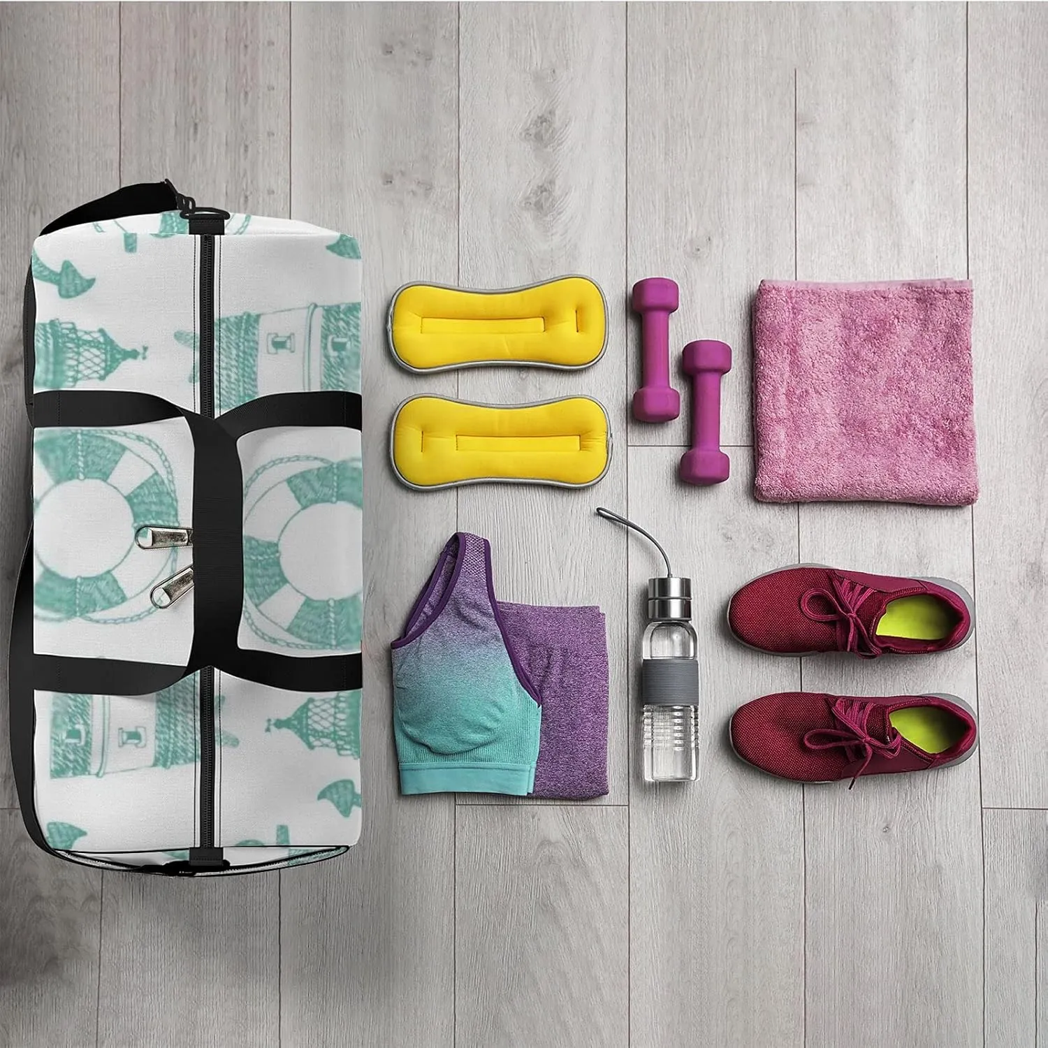 Sports Gym Bag for Women and Men Waterproof Sea Blue Pattern Duffel Bag Lightweight Carryon Traveling Boarding Gripsack