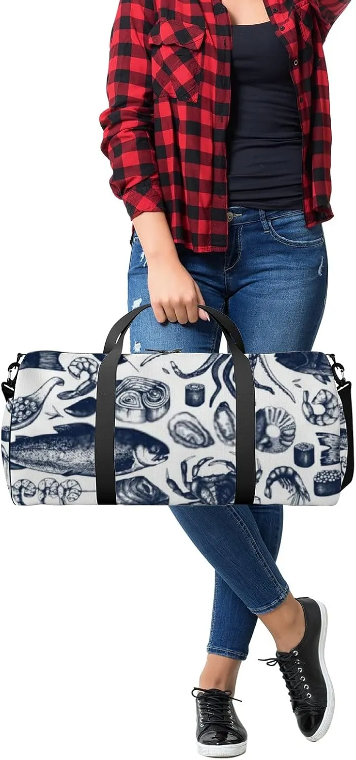 Sports Gym Bag for Women and Men Waterproof Seafood Pattern Duffel Bag Lightweight Carryon Traveling Boarding Gripsack