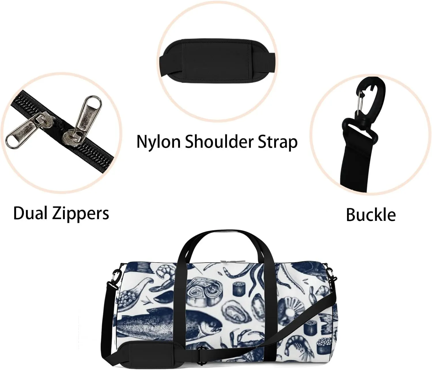 Sports Gym Bag for Women and Men Waterproof Seafood Pattern Duffel Bag Lightweight Carryon Traveling Boarding Gripsack