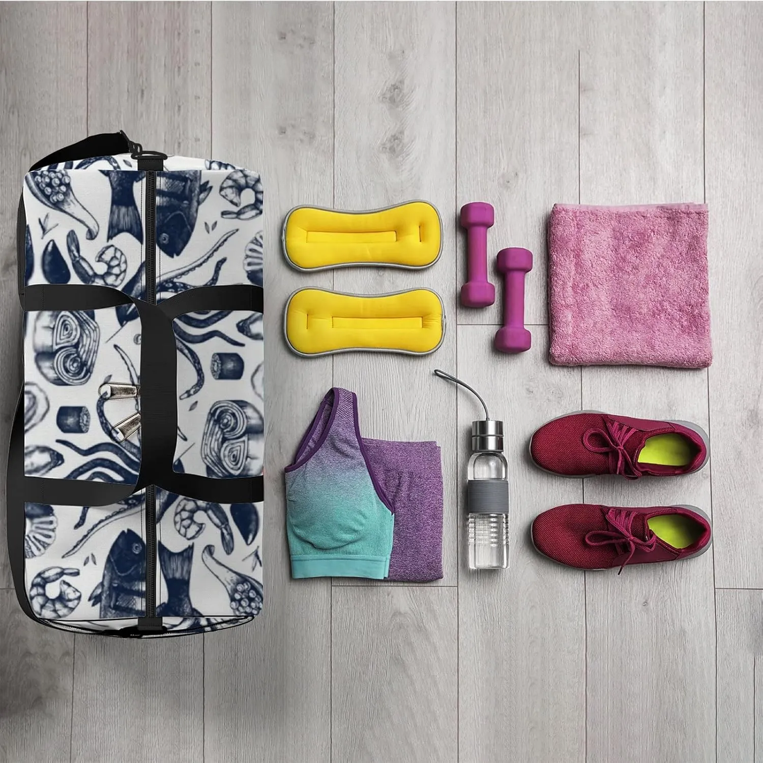 Sports Gym Bag for Women and Men Waterproof Seafood Pattern Duffel Bag Lightweight Carryon Traveling Boarding Gripsack