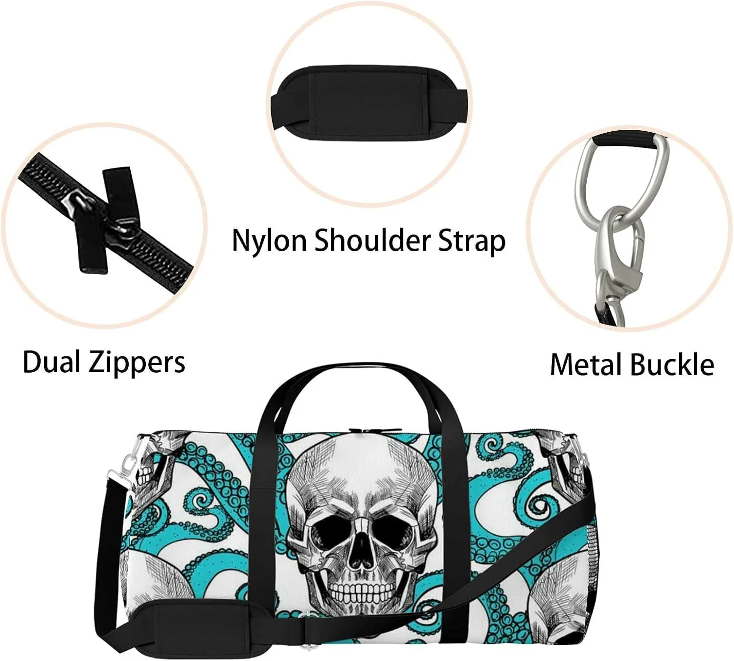 Sports Gym Bag for Women and Men Waterproof Skull Tentacles Octopus Pattern Duffel Bag Lightweight Carryon Traveling Boarding Gripsack