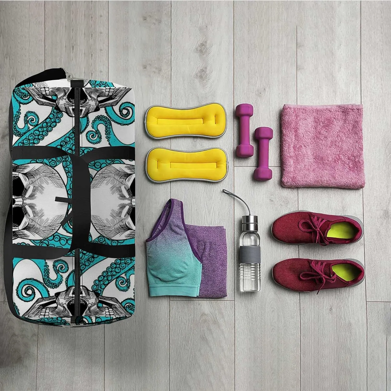 Sports Gym Bag for Women and Men Waterproof Skull Tentacles Octopus Pattern Duffel Bag Lightweight Carryon Traveling Boarding Gripsack