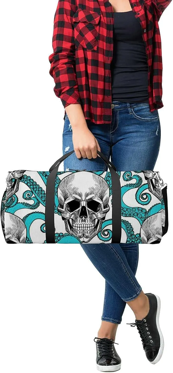Sports Gym Bag for Women and Men Waterproof Skull Tentacles Octopus Pattern Duffel Bag Lightweight Carryon Traveling Boarding Gripsack