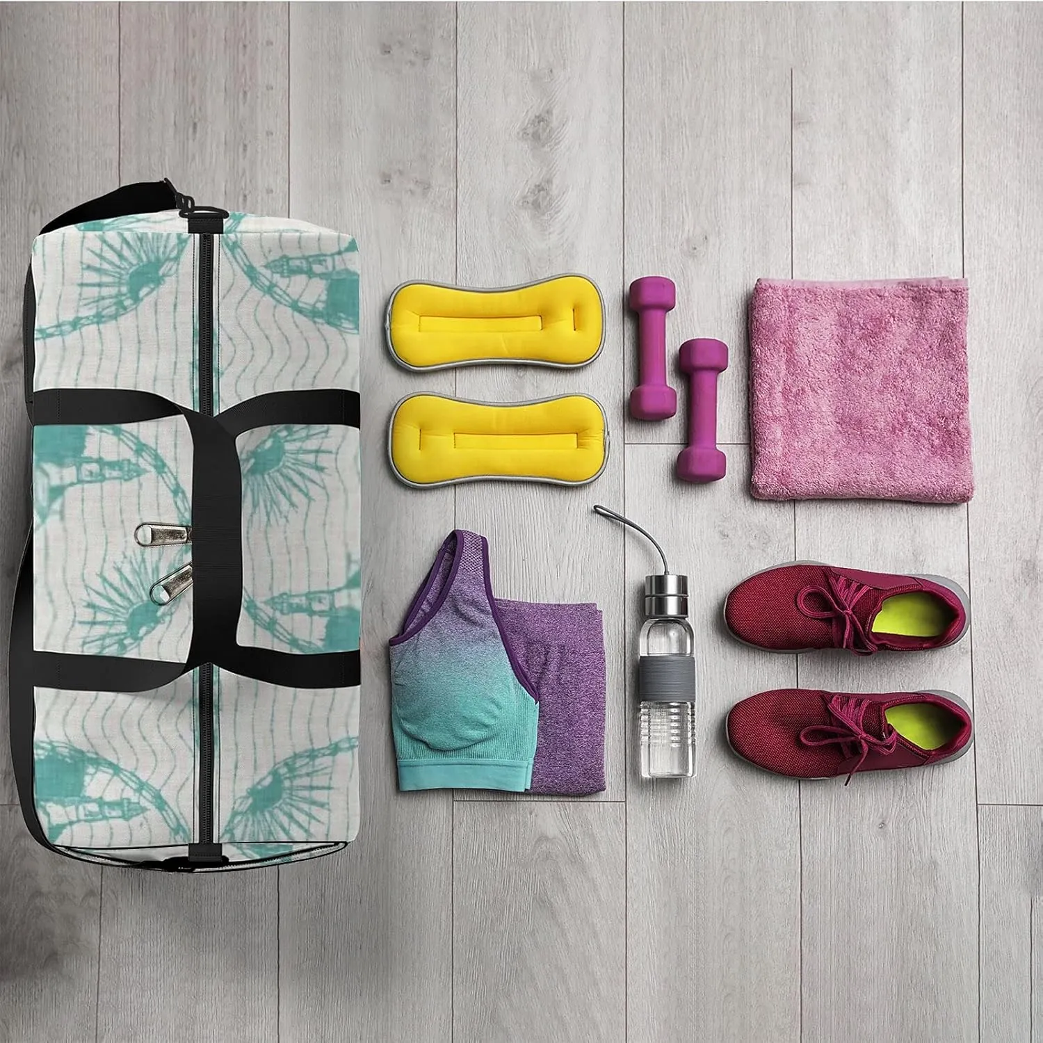 Sports Gym Bag for Women and Men Waterproof Teal Lighthouse Summer Coastal Living Style Duffel Bag Lightweight Carryon Traveling Boarding Gripsack