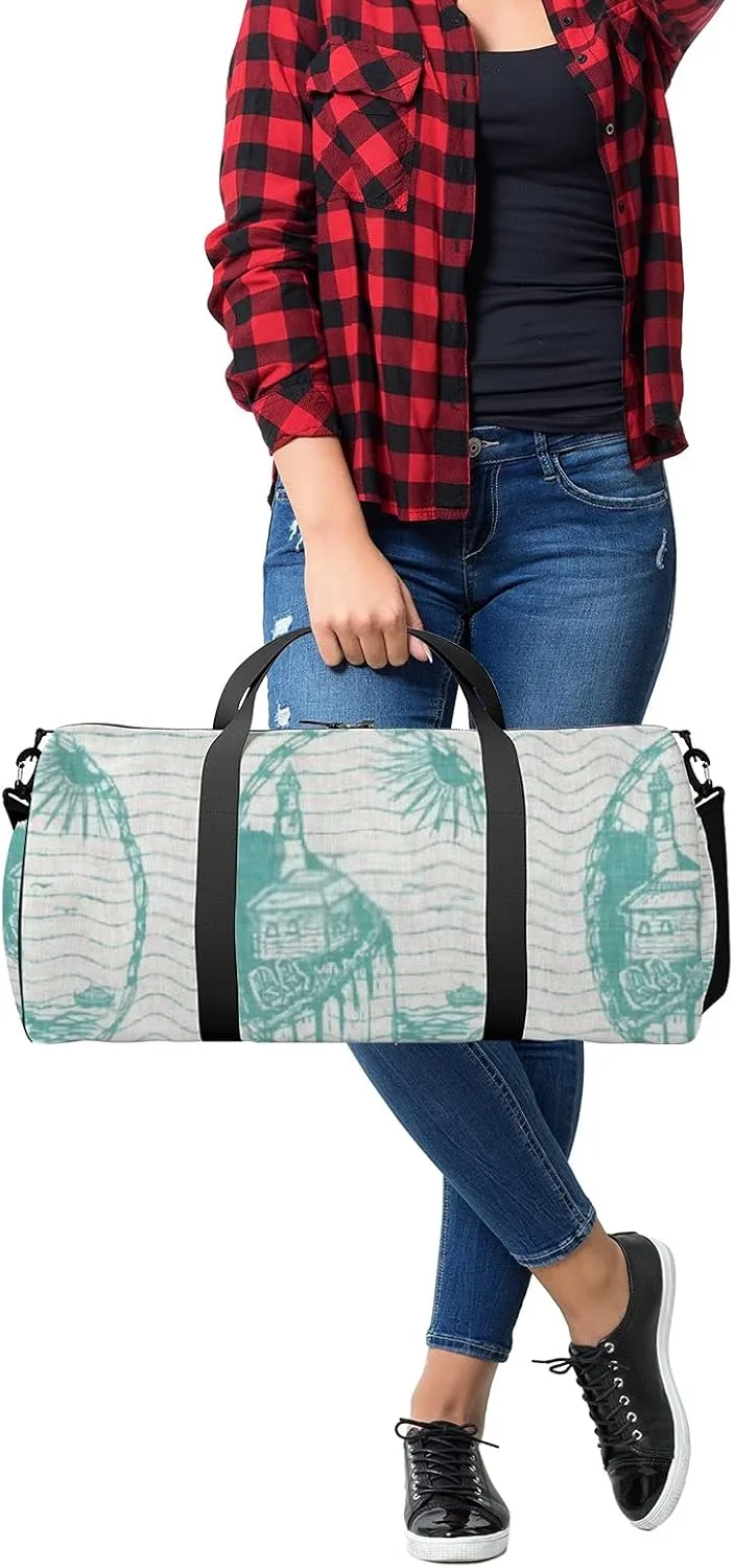 Sports Gym Bag for Women and Men Waterproof Teal Lighthouse Summer Coastal Living Style Duffel Bag Lightweight Carryon Traveling Boarding Gripsack