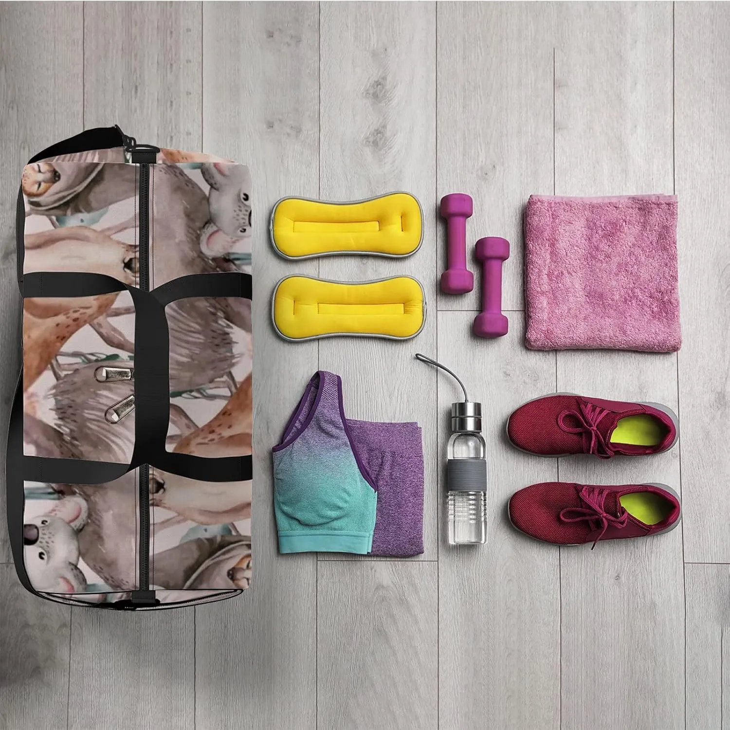 Sports Gym Bag for Women and Men Waterproof Watercolor Cartoon Kangaroo Duffel Bag Lightweight Carryon Traveling Boarding Gripsack