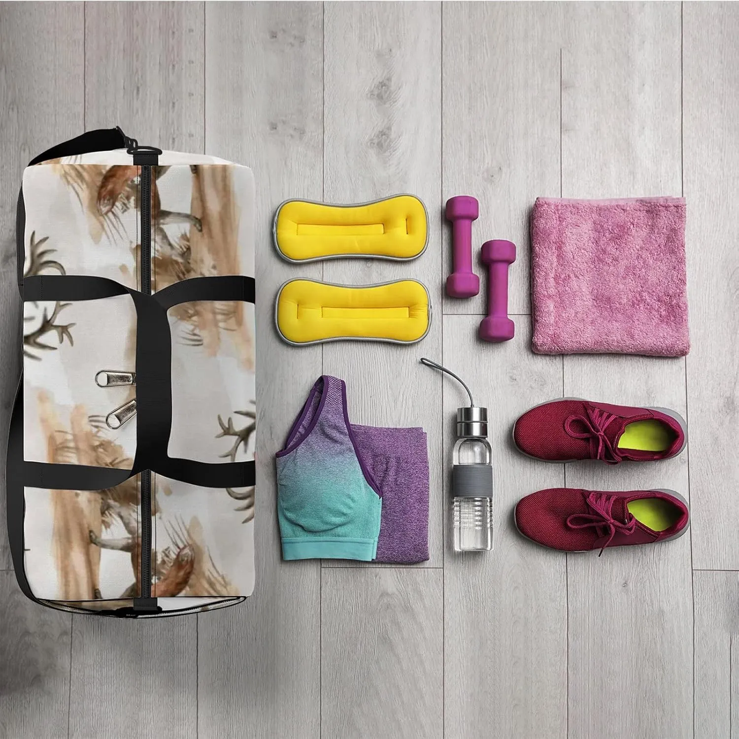 Sports Gym Bag for Women and Men Waterproof Watercolor Deer Wildlife Duffel Bag Lightweight Carryon Traveling Boarding Gripsack