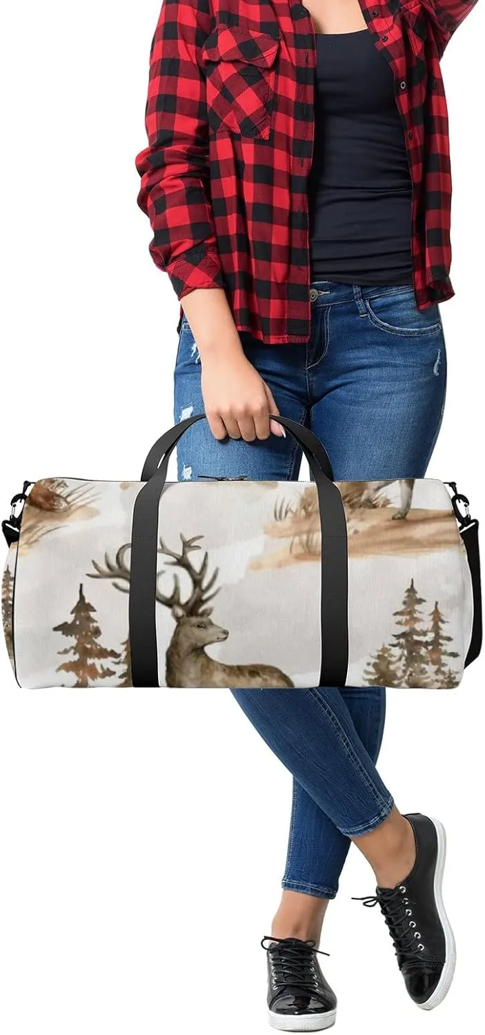 Sports Gym Bag for Women and Men Waterproof Watercolor Deer Wildlife Duffel Bag Lightweight Carryon Traveling Boarding Gripsack