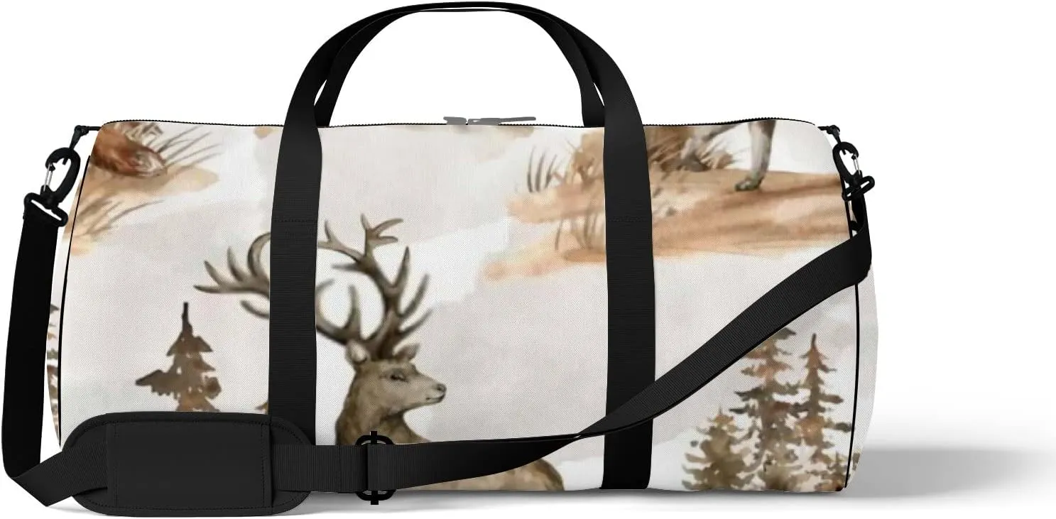 Sports Gym Bag for Women and Men Waterproof Watercolor Deer Wildlife Duffel Bag Lightweight Carryon Traveling Boarding Gripsack