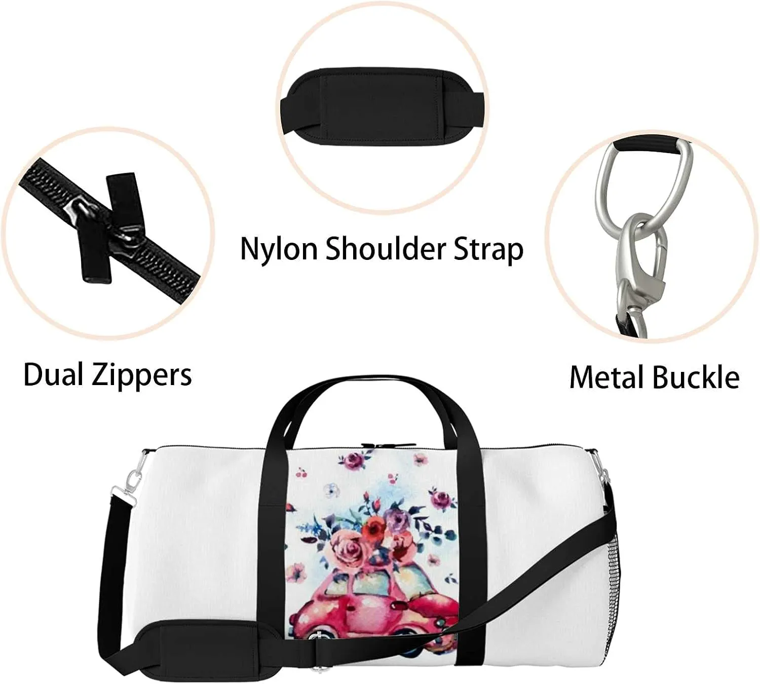 Sports Gym Bag for Women and Men Waterproof Watercolor with Cute Red Retro Car Duffel Bag Lightweight Carryon Traveling Boarding Gripsack