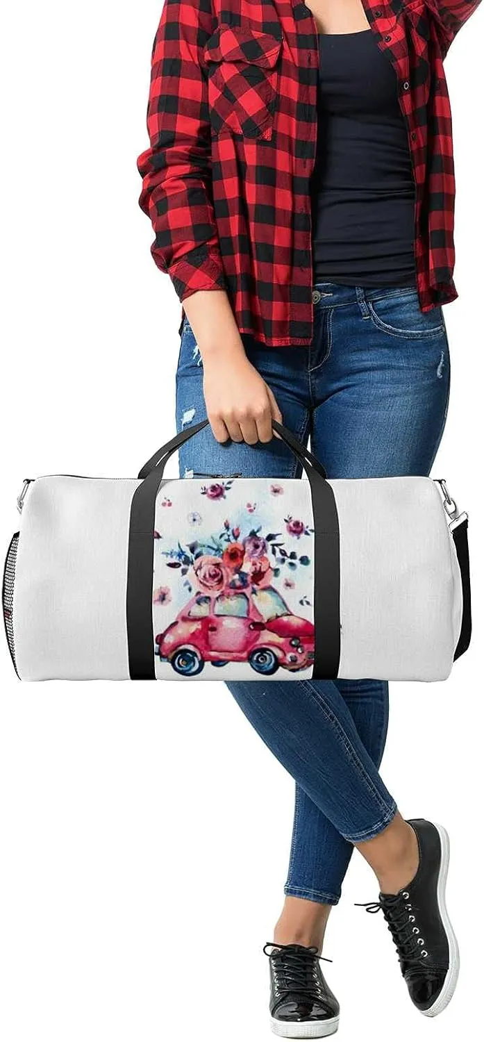Sports Gym Bag for Women and Men Waterproof Watercolor with Cute Red Retro Car Duffel Bag Lightweight Carryon Traveling Boarding Gripsack