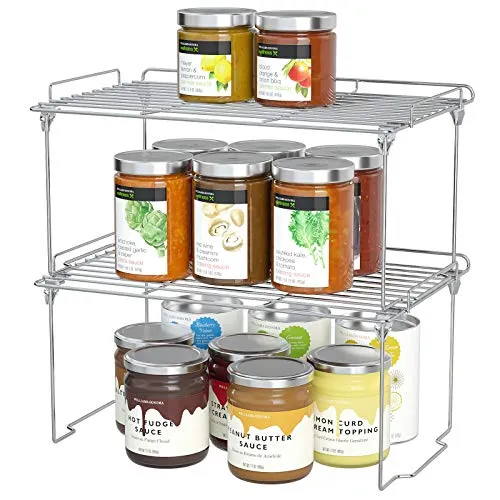 Stackable Cabinet Shelf Kitchen Cabinet Organizers and Storage, 2 Pack Pantry Shelves Organizer with Guardrails Design for Safely Storing Kitchen Counter Bedroom Bathroom Accessories, Stainless Steel