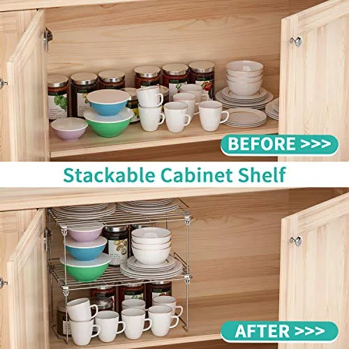 Stackable Cabinet Shelf Kitchen Cabinet Organizers and Storage, 2 Pack Pantry Shelves Organizer with Guardrails Design for Safely Storing Kitchen Counter Bedroom Bathroom Accessories, Stainless Steel