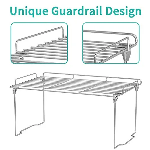 Stackable Cabinet Shelf Kitchen Cabinet Organizers and Storage, 2 Pack Pantry Shelves Organizer with Guardrails Design for Safely Storing Kitchen Counter Bedroom Bathroom Accessories, Stainless Steel