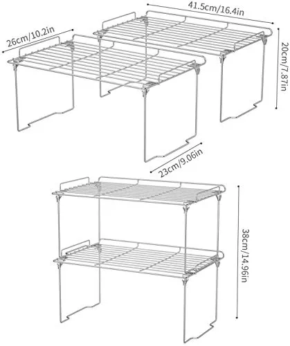 Stackable Cabinet Shelf Kitchen Cabinet Organizers and Storage, 2 Pack Pantry Shelves Organizer with Guardrails Design for Safely Storing Kitchen Counter Bedroom Bathroom Accessories, Stainless Steel