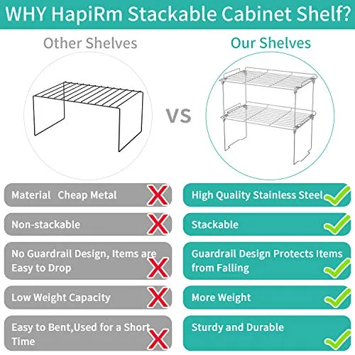 Stackable Cabinet Shelf Kitchen Cabinet Organizers and Storage, 2 Pack Pantry Shelves Organizer with Guardrails Design for Safely Storing Kitchen Counter Bedroom Bathroom Accessories, Stainless Steel