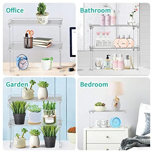 Stackable Cabinet Shelf Kitchen Cabinet Organizers and Storage, 2 Pack Pantry Shelves Organizer with Guardrails Design for Safely Storing Kitchen Counter Bedroom Bathroom Accessories, Stainless Steel