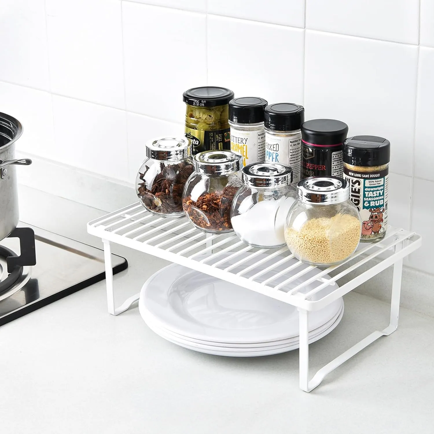 Stackable Metal Kitchen Storage Shelves, Cabinet Shelf Organizers Spice Rack（Set of 2 ）