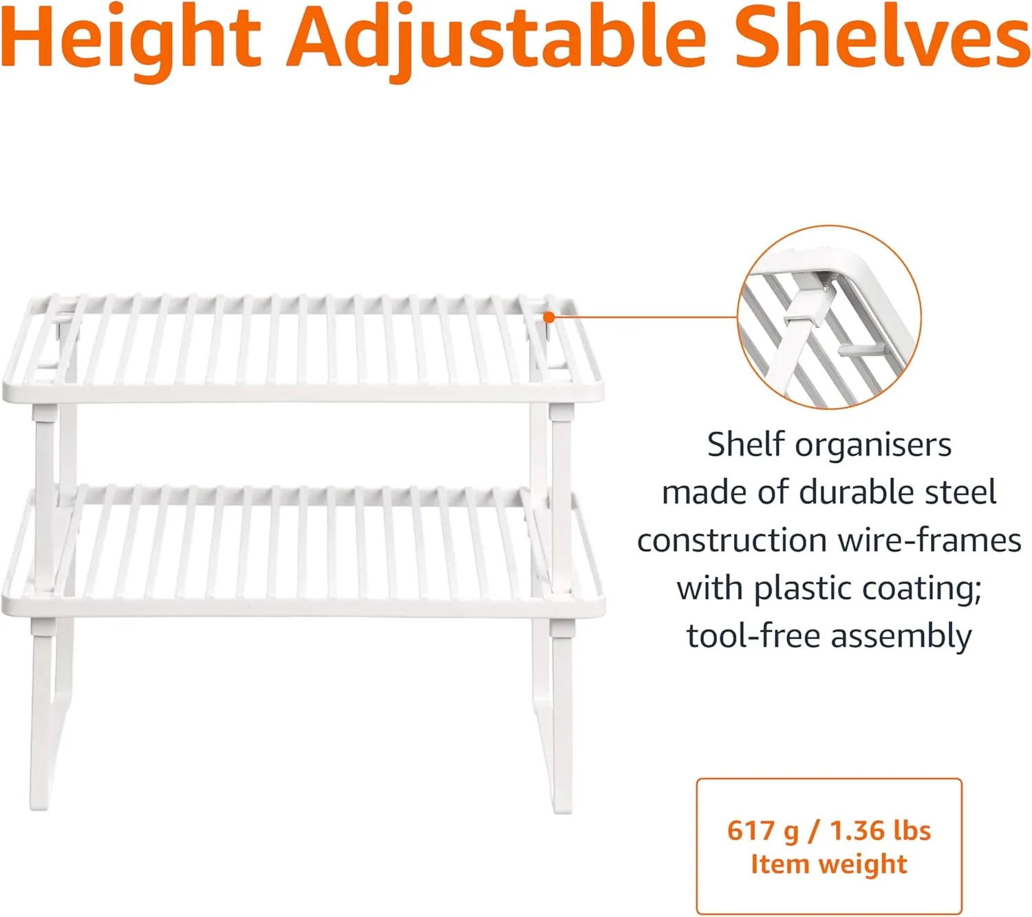 Stackable Metal Kitchen Storage Shelves, Cabinet Shelf Organizers Spice Rack（Set of 2 ）