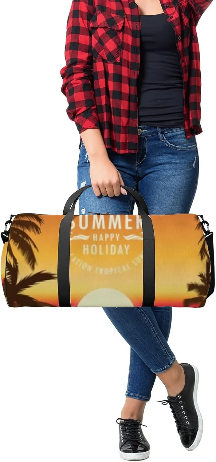 Summer Tropical Beach Palm Trees Sunset Sports Duffel Bag Travel Gym Tote Bags Lightweight Durable Shoulder Strap Waterproof Polyester Outside Mesh Pocket Overnight Trip Duffel Bag for Women Men