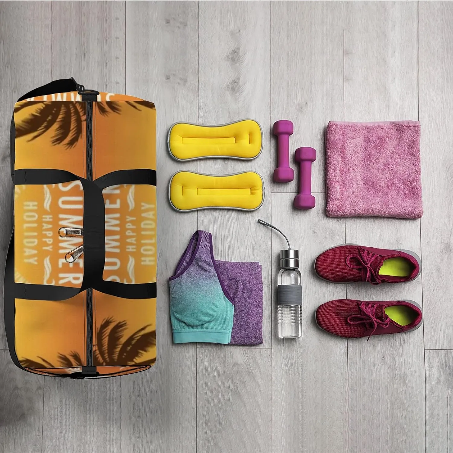 Summer Tropical Beach Palm Trees Sunset Sports Duffel Bag Travel Gym Tote Bags Lightweight Durable Shoulder Strap Waterproof Polyester Outside Mesh Pocket Overnight Trip Duffel Bag for Women Men