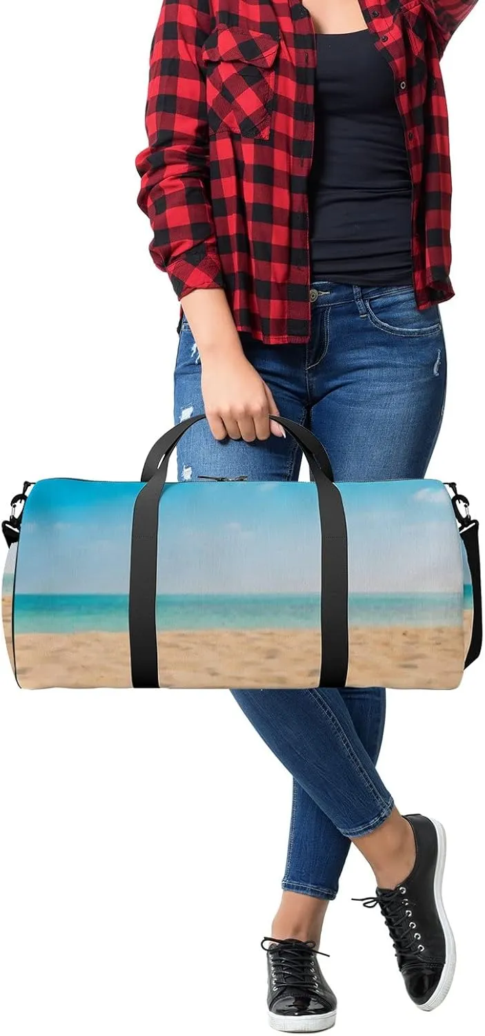 Summer Tropical Beach Sea Horizon View Sports Duffel Bag Travel Gym Tote Bags Lightweight Durable Shoulder Strap Waterproof Polyester Outside Mesh Pocket Overnight Trip Duffel Bag for Women Men