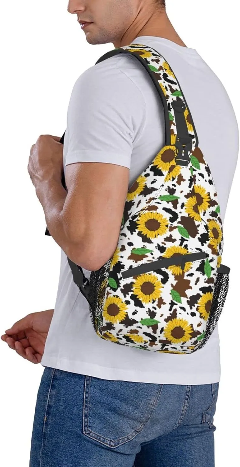 Sunflower Cow Print Sling Bag Crossbody Backpack Hiking Travel Daypack Chest Bag Lightweight Shoulder Bag For Women