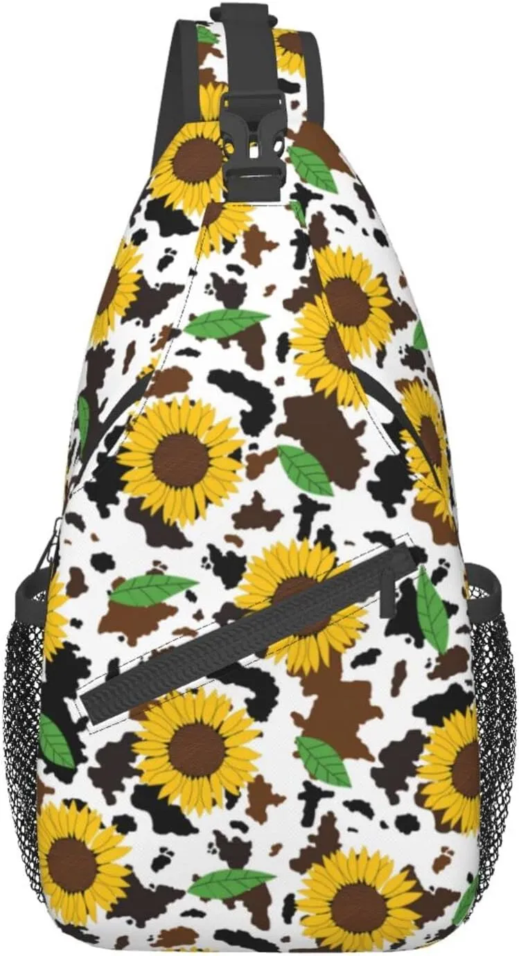 Sunflower Cow Print Sling Bag Crossbody Backpack Hiking Travel Daypack Chest Bag Lightweight Shoulder Bag For Women