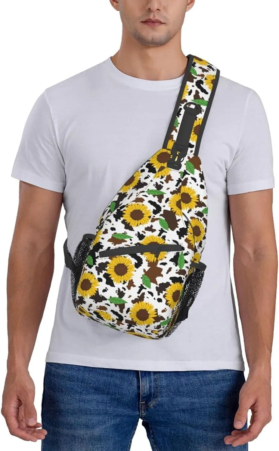 Sunflower Cow Print Sling Bag Crossbody Backpack Hiking Travel Daypack Chest Bag Lightweight Shoulder Bag For Women