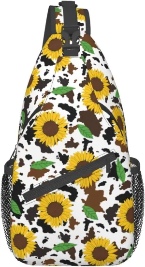Sunflower Cow Print Sling Bag Crossbody Backpack Hiking Travel Daypack Chest Bag Lightweight Shoulder Bag For Women