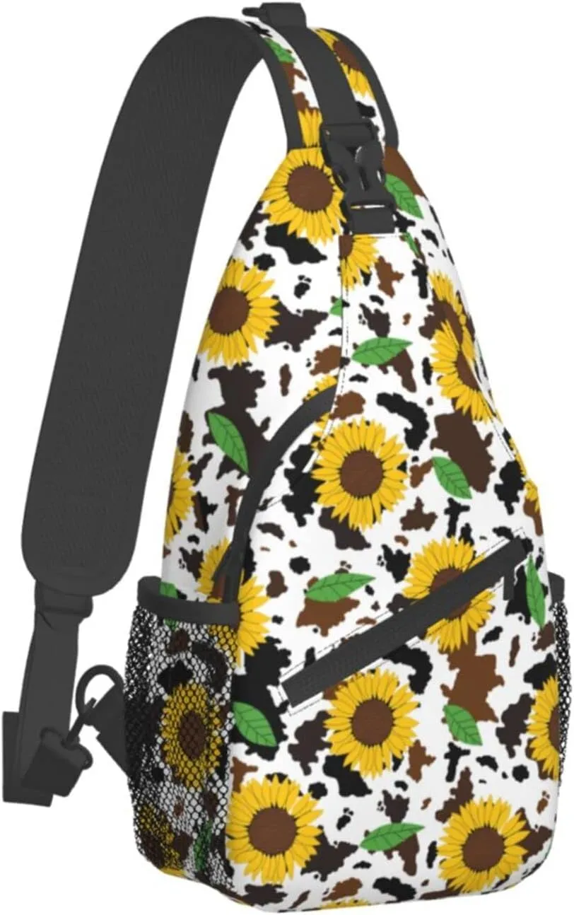 Sunflower Cow Print Sling Bag Crossbody Backpack Hiking Travel Daypack Chest Bag Lightweight Shoulder Bag For Women