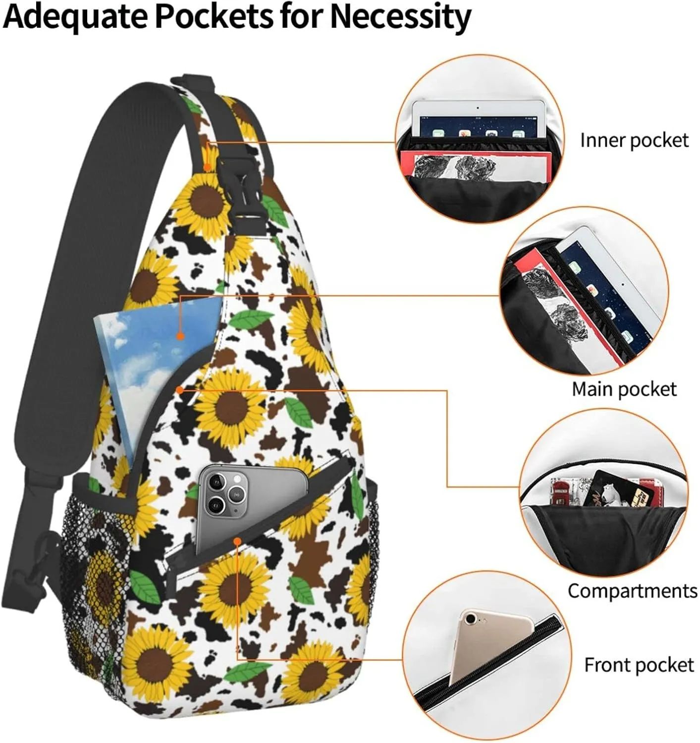 Sunflower Cow Print Sling Bag Crossbody Backpack Hiking Travel Daypack Chest Bag Lightweight Shoulder Bag For Women