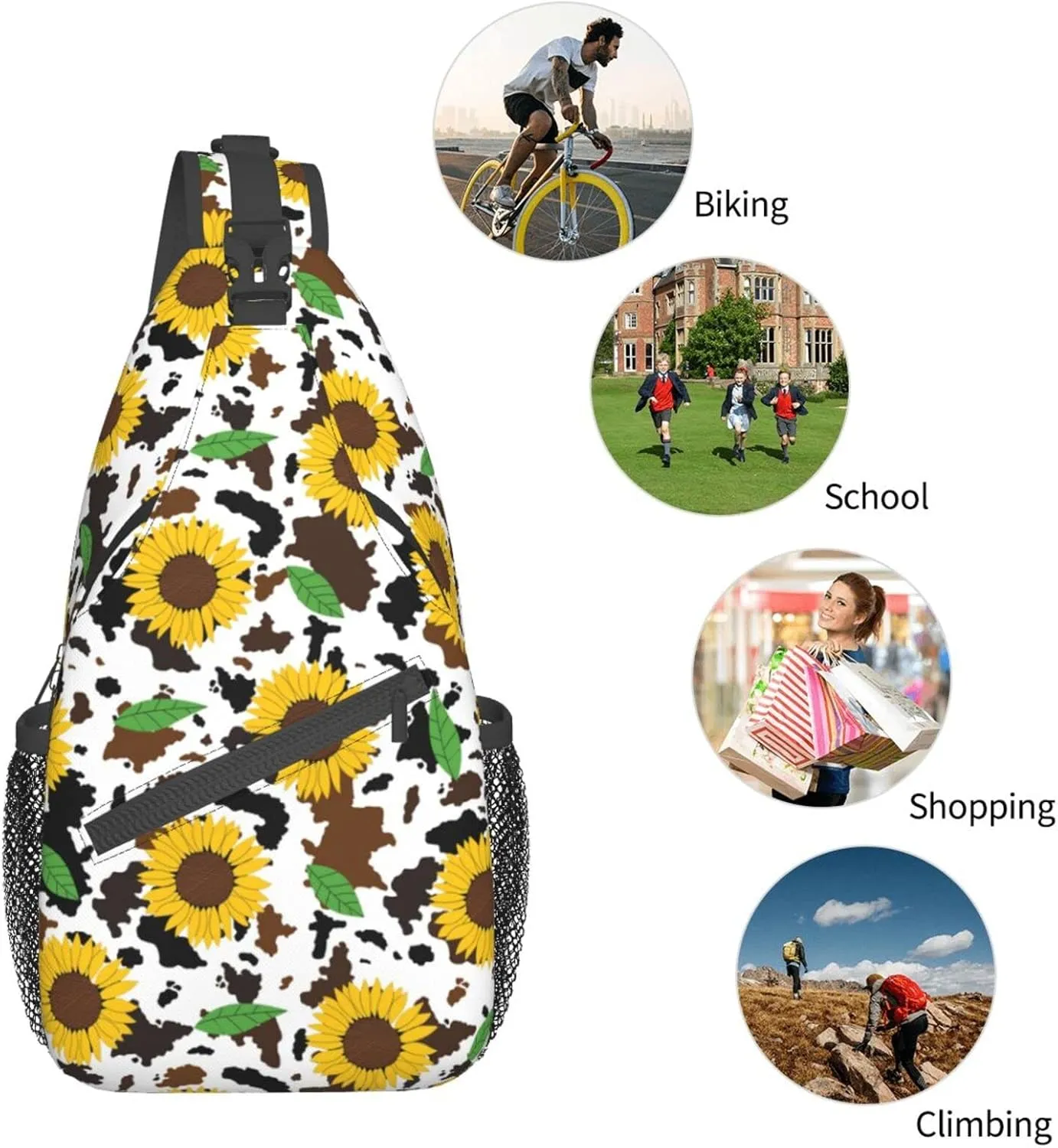Sunflower Cow Print Sling Bag Crossbody Backpack Hiking Travel Daypack Chest Bag Lightweight Shoulder Bag For Women