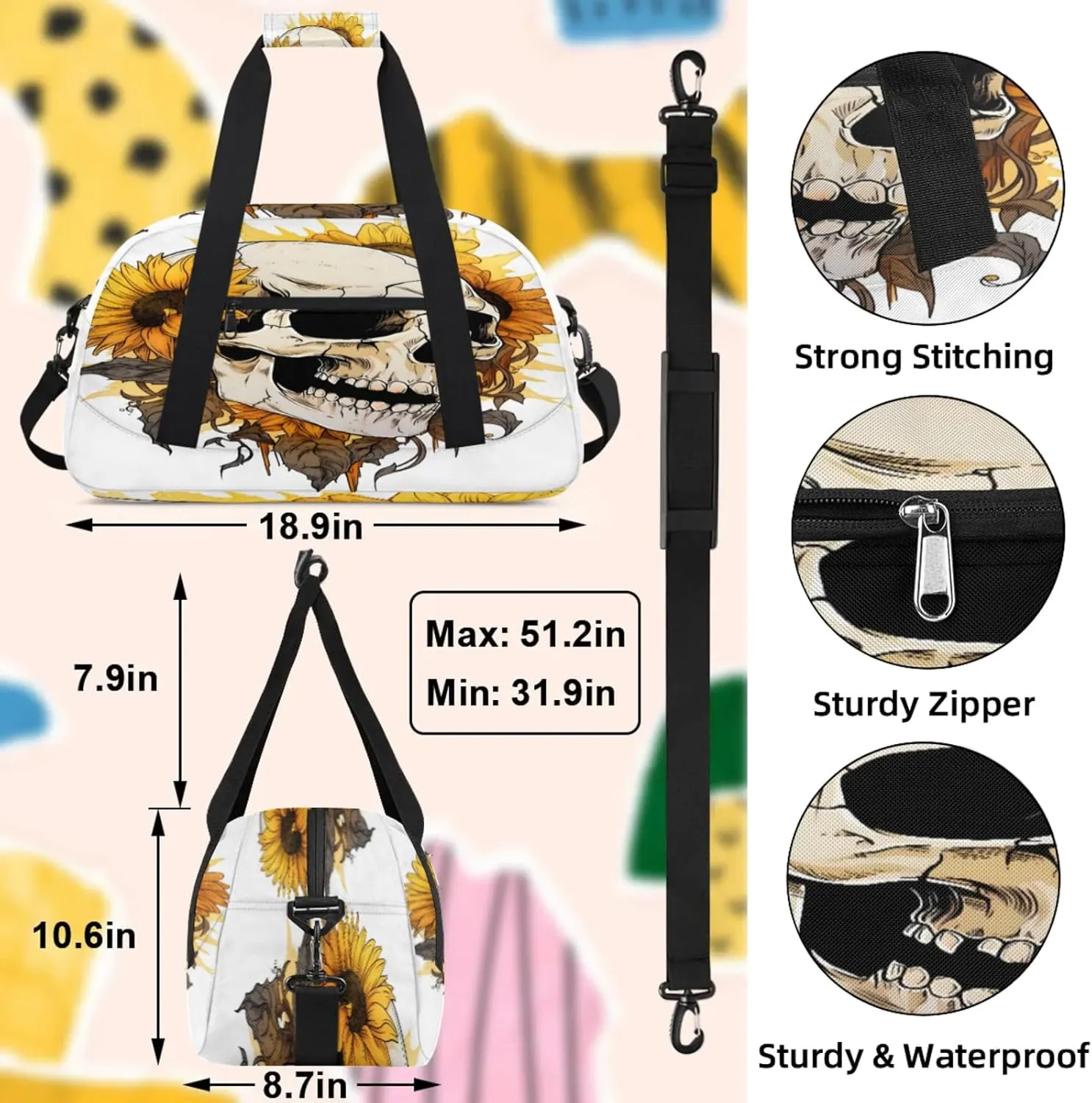 Sunflower Skull Small Gym Bag 18 inch Carry On Duffel Bag for Weekender Travel Sports Workout Yoga Gymnastics Dance Ballet