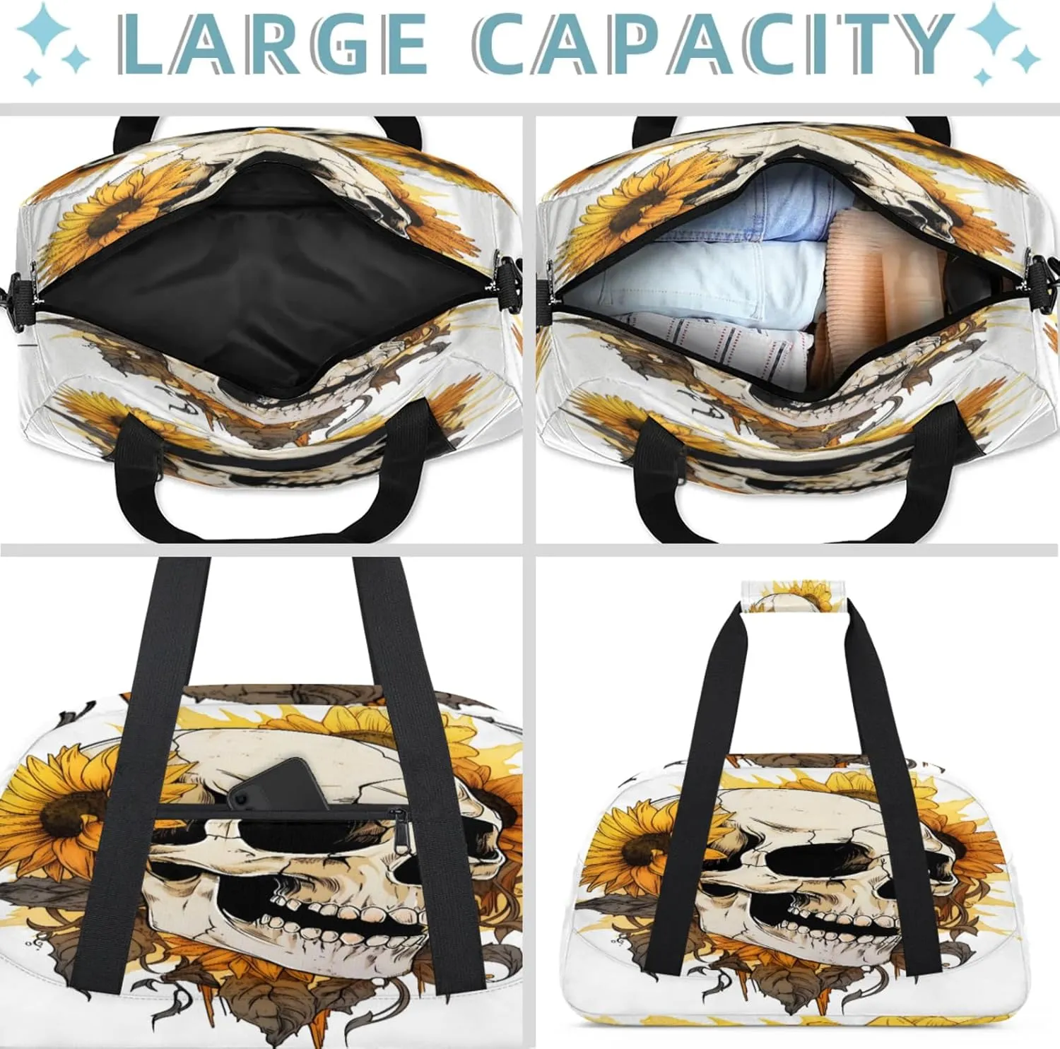 Sunflower Skull Small Gym Bag 18 inch Carry On Duffel Bag for Weekender Travel Sports Workout Yoga Gymnastics Dance Ballet