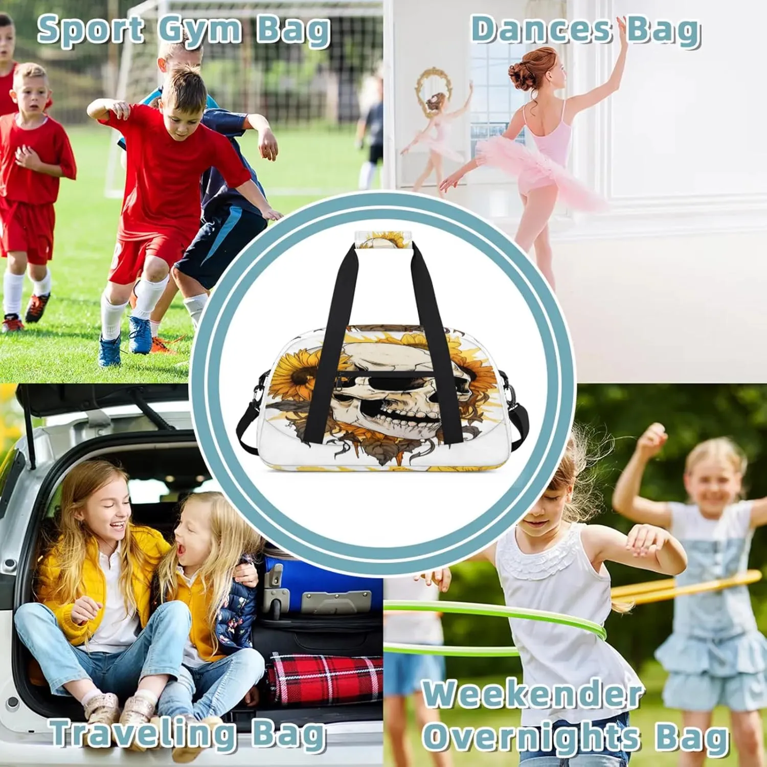 Sunflower Skull Small Gym Bag 18 inch Carry On Duffel Bag for Weekender Travel Sports Workout Yoga Gymnastics Dance Ballet