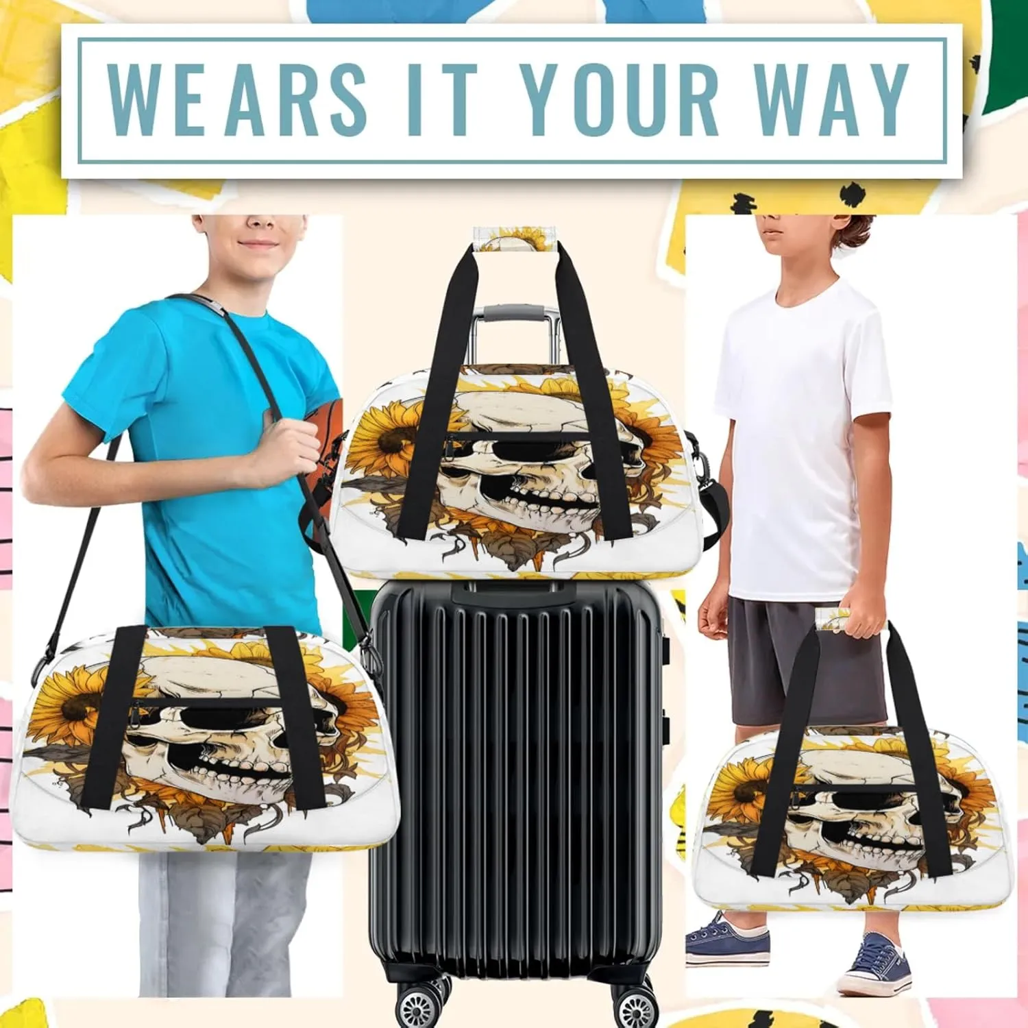 Sunflower Skull Small Gym Bag 18 inch Carry On Duffel Bag for Weekender Travel Sports Workout Yoga Gymnastics Dance Ballet