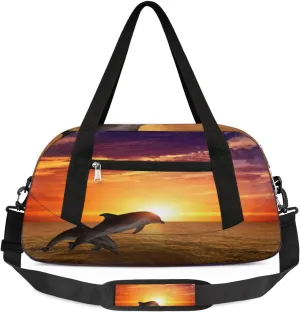 Sunset And Dolphins Duffel Bag for Women Men Travel Bag Small Gym Bag Waterproof Workout Overnight Tote Bag for Sport Dance Weekend Yoga