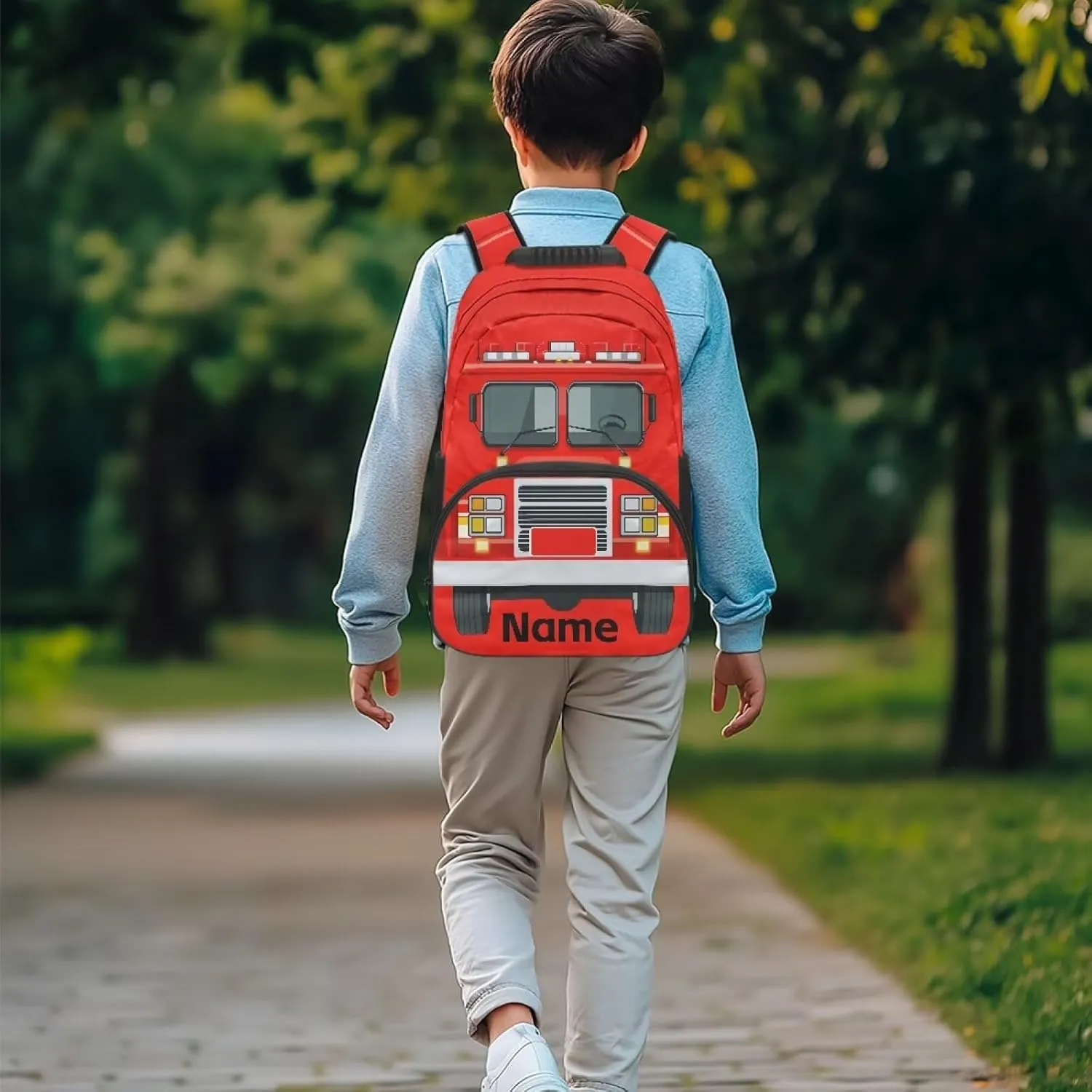 Suobstales Fire Fighting Truck Print School Backpacks for Children, Custom Name 17" Backpack for Kids Boys, Lightweight Cool Bookbag for Kindergarten Primary, Personalized Back to School Essentials