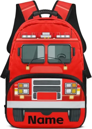 Suobstales Fire Fighting Truck Print School Backpacks for Children, Custom Name 17" Backpack for Kids Boys, Lightweight Cool Bookbag for Kindergarten Primary, Personalized Back to School Essentials