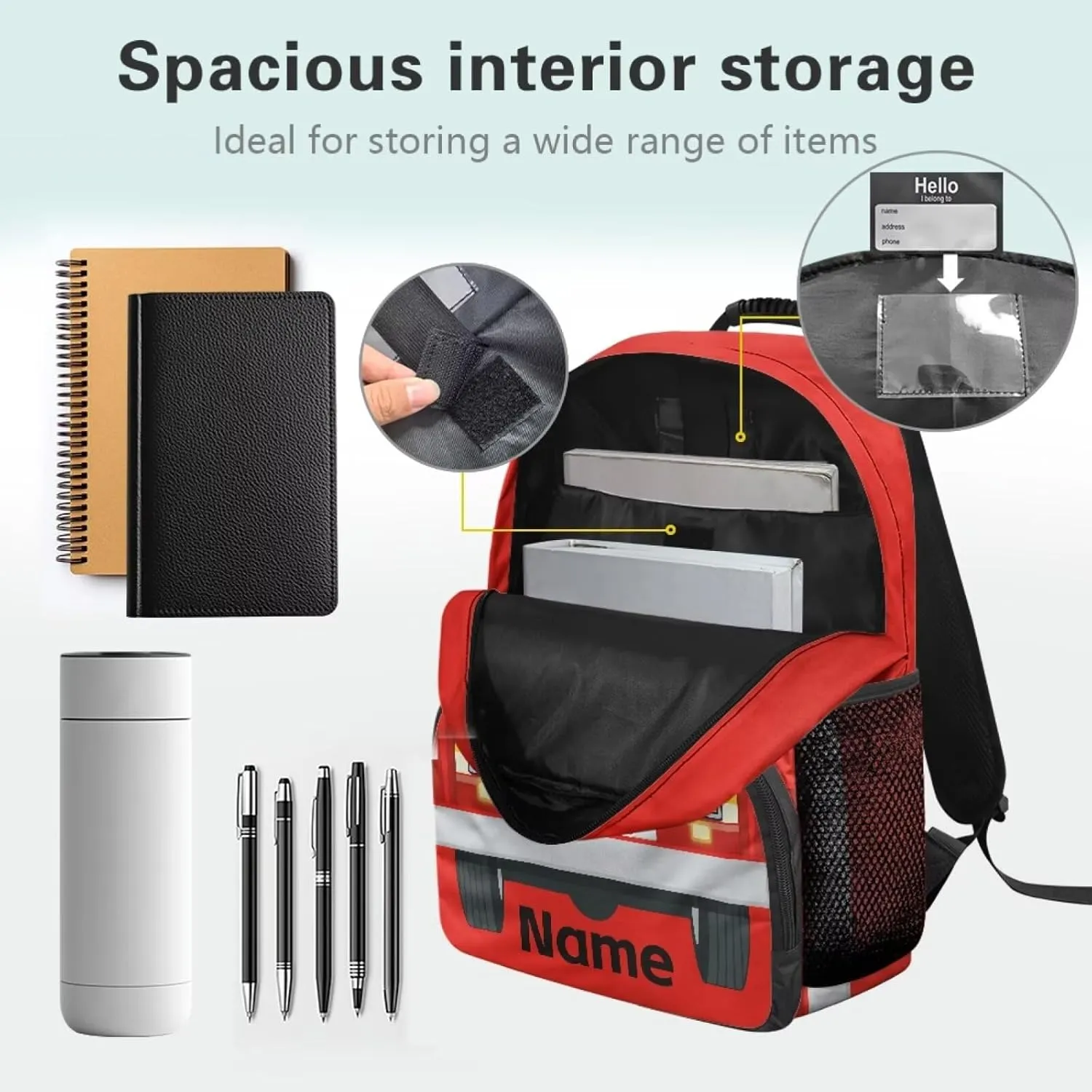Suobstales Fire Fighting Truck Print School Backpacks for Children, Custom Name 17" Backpack for Kids Boys, Lightweight Cool Bookbag for Kindergarten Primary, Personalized Back to School Essentials