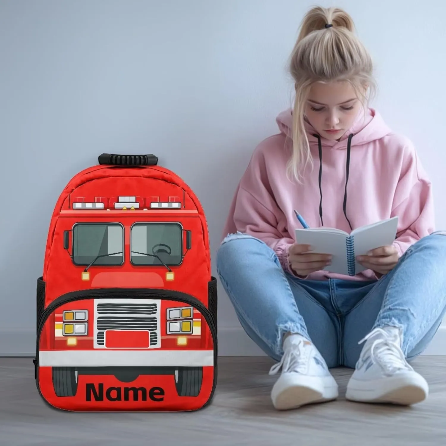 Suobstales Fire Fighting Truck Print School Backpacks for Children, Custom Name 17" Backpack for Kids Boys, Lightweight Cool Bookbag for Kindergarten Primary, Personalized Back to School Essentials