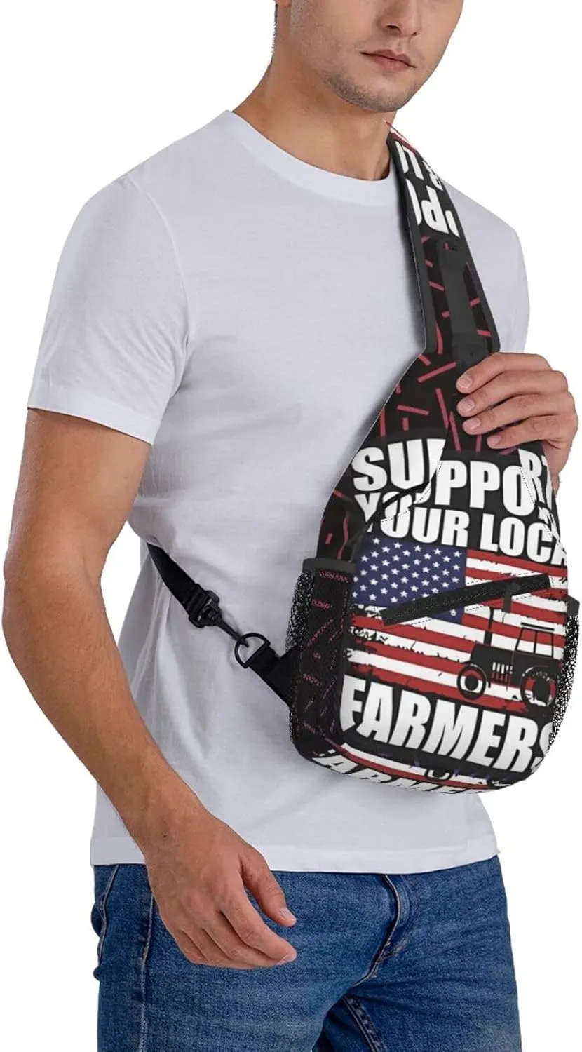 Support Your Local Farmers American Flag Small Crossbody Backpack Sling Bag For Men Women Mini One Shoulder Chest Bags Gym Sport Travel Hiking Daypack