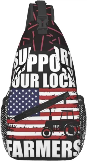 Support Your Local Farmers American Flag Small Crossbody Backpack Sling Bag For Men Women Mini One Shoulder Chest Bags Gym Sport Travel Hiking Daypack