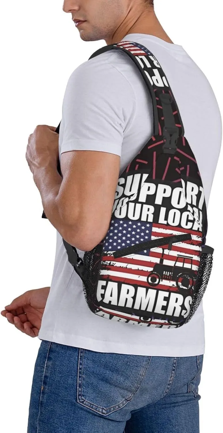 Support Your Local Farmers American Flag Small Crossbody Backpack Sling Bag For Men Women Mini One Shoulder Chest Bags Gym Sport Travel Hiking Daypack