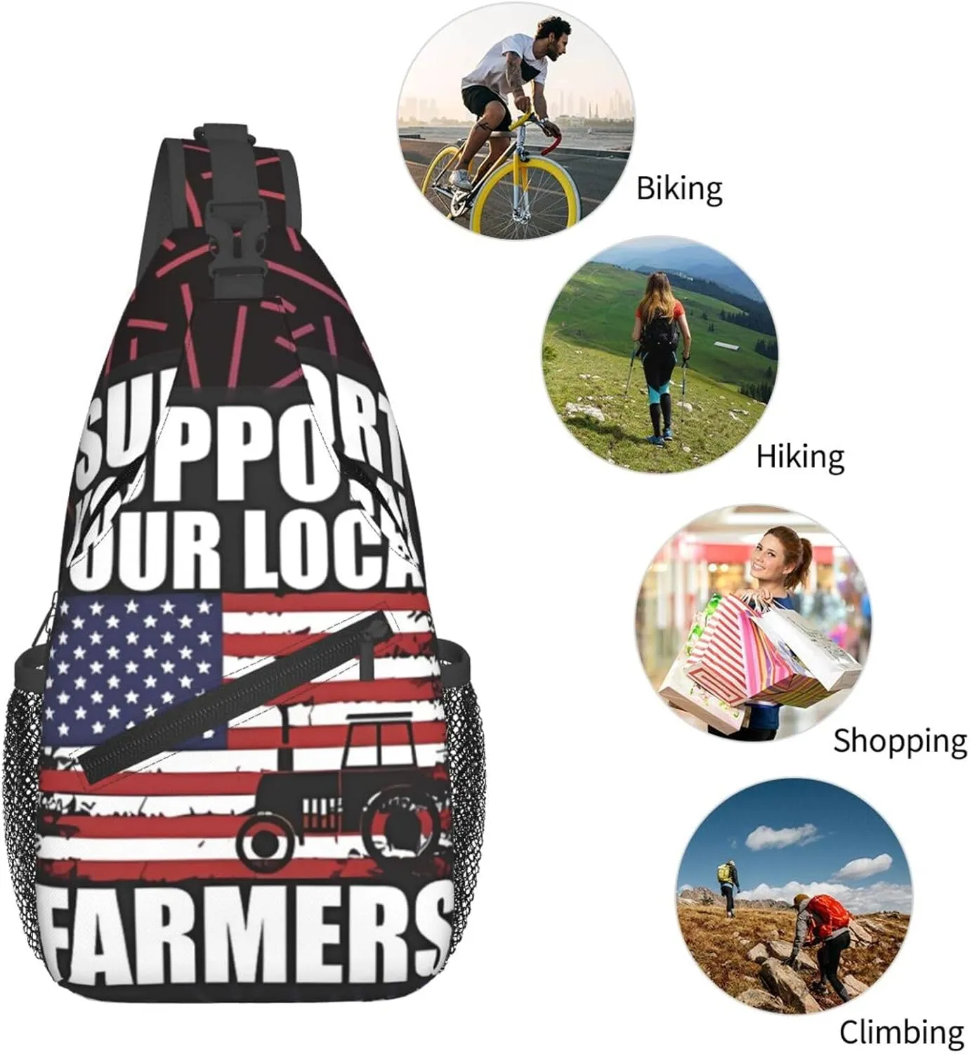 Support Your Local Farmers American Flag Small Crossbody Backpack Sling Bag For Men Women Mini One Shoulder Chest Bags Gym Sport Travel Hiking Daypack